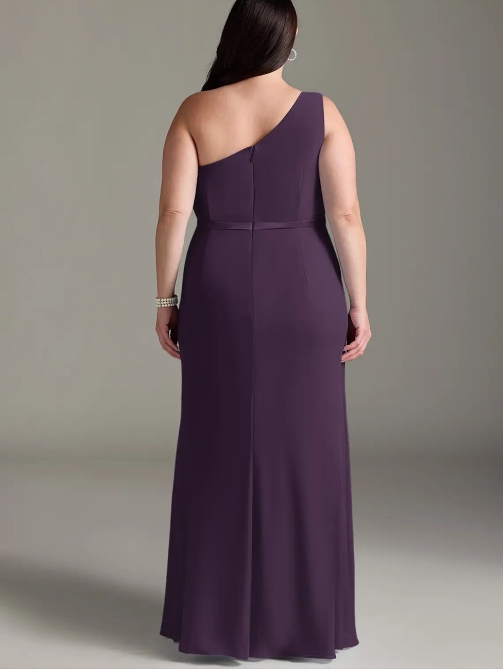 David’s Bridal NWT One-Shoulder Plum Evening Gown with Side Ruffle and Slit - Picture 2 of 10